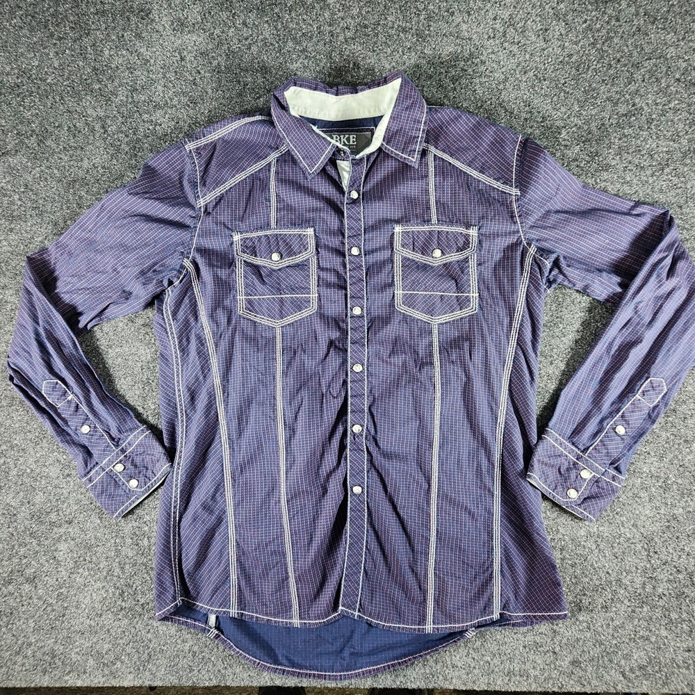 BKE Buckle Slim Fit Pearl Snap‎ Western Shirt Blue/Red Dots Men's Size Medium - Picture 2 of 8